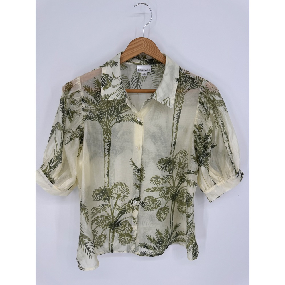 Bailey/44 Shirt Women S Palm Tree Tropical Resort Puff Sleeve Cottage Sheer